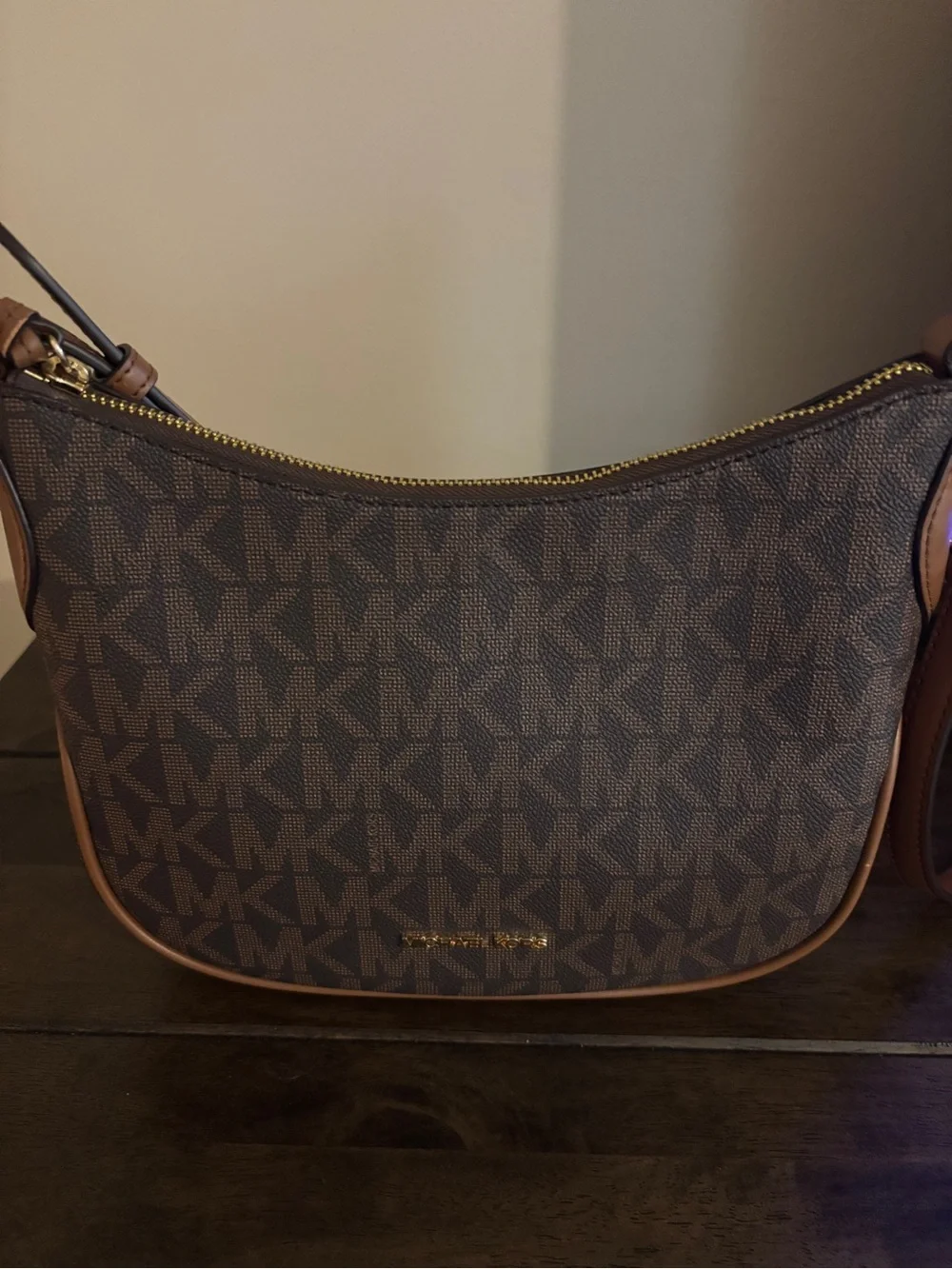 Michael Kors Brown Logo Dome Crossbody with Tan Trim - Picture 1 of 6